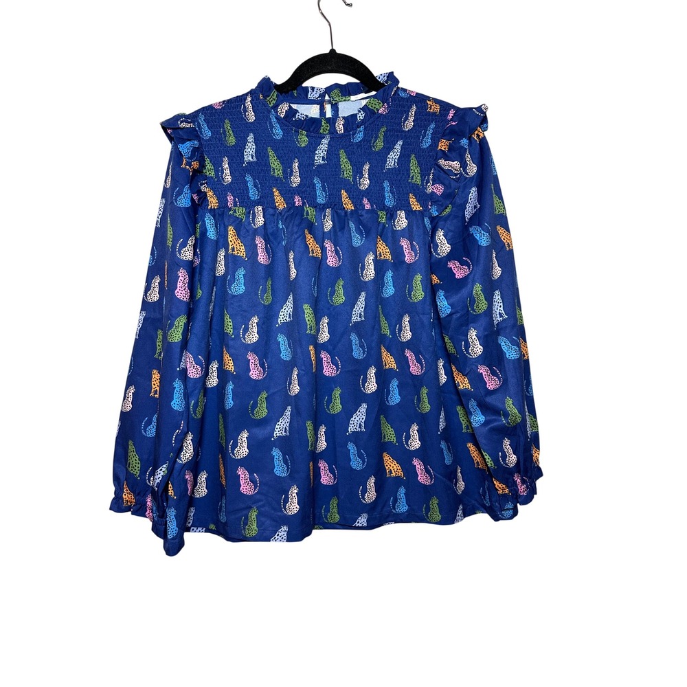 Michelle McDowell Women's Smocked‎ Neck Blouse Navy Leopard Love Size M Sarah